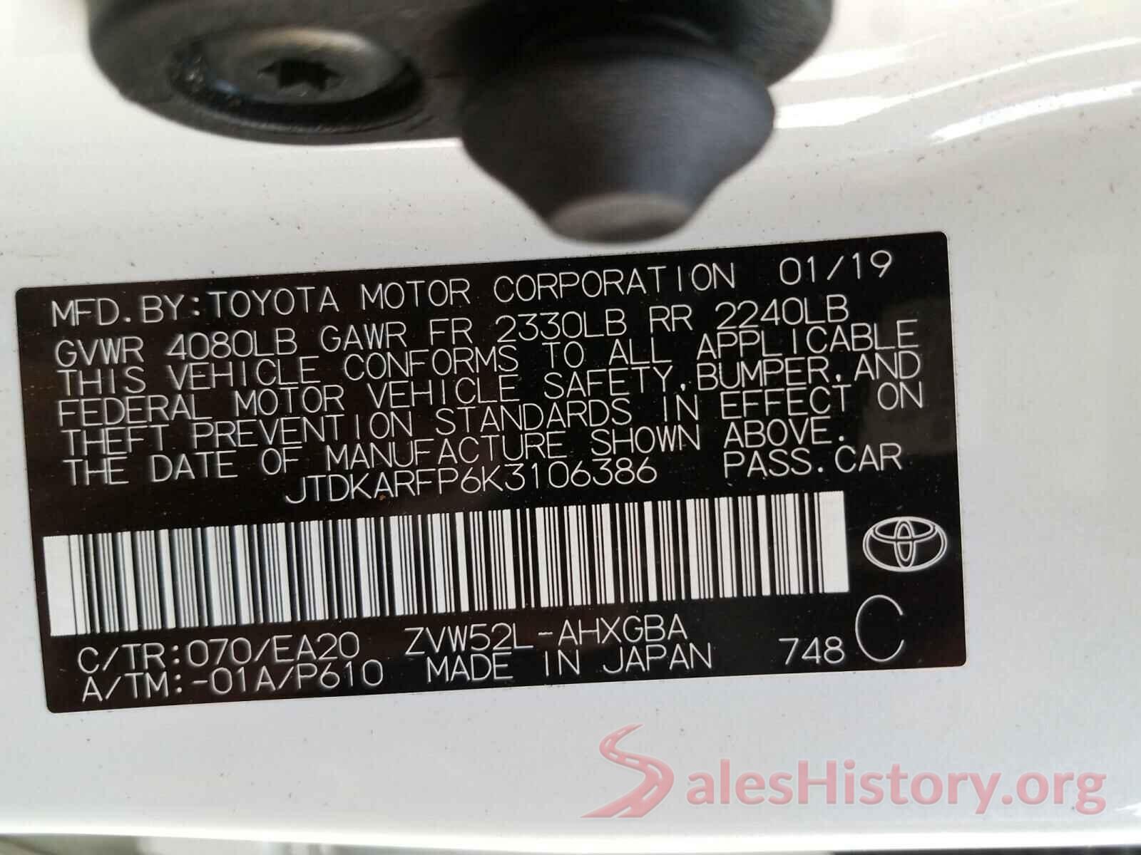 JTDKARFP6K3106386 2019 TOYOTA PRIUS