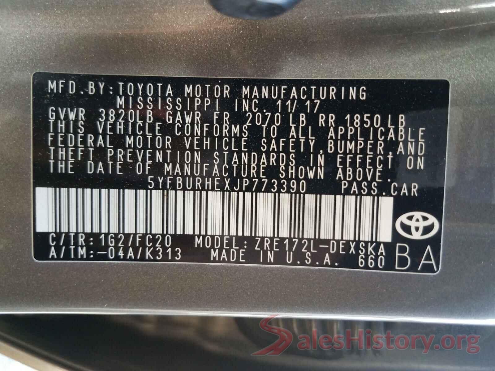 5YFBURHEXJP773390 2018 TOYOTA COROLLA