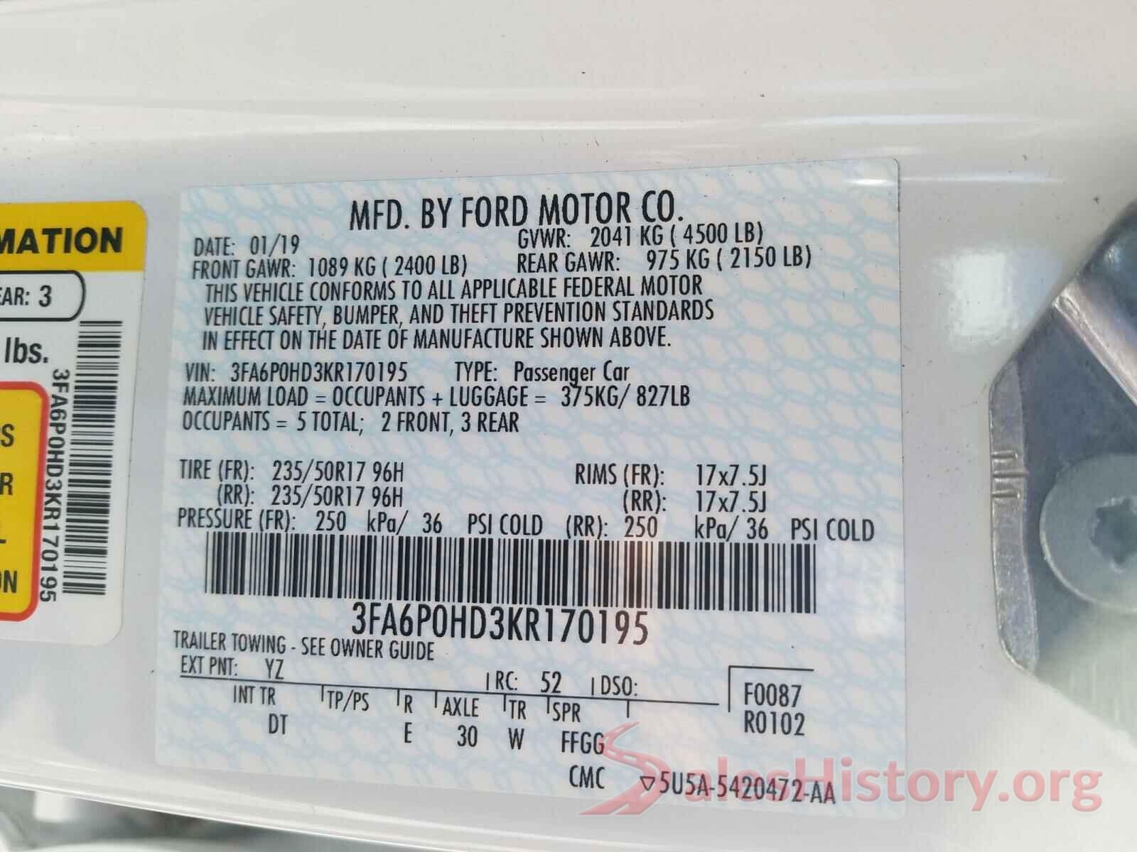 3FA6P0HD3KR170195 2019 FORD FUSION