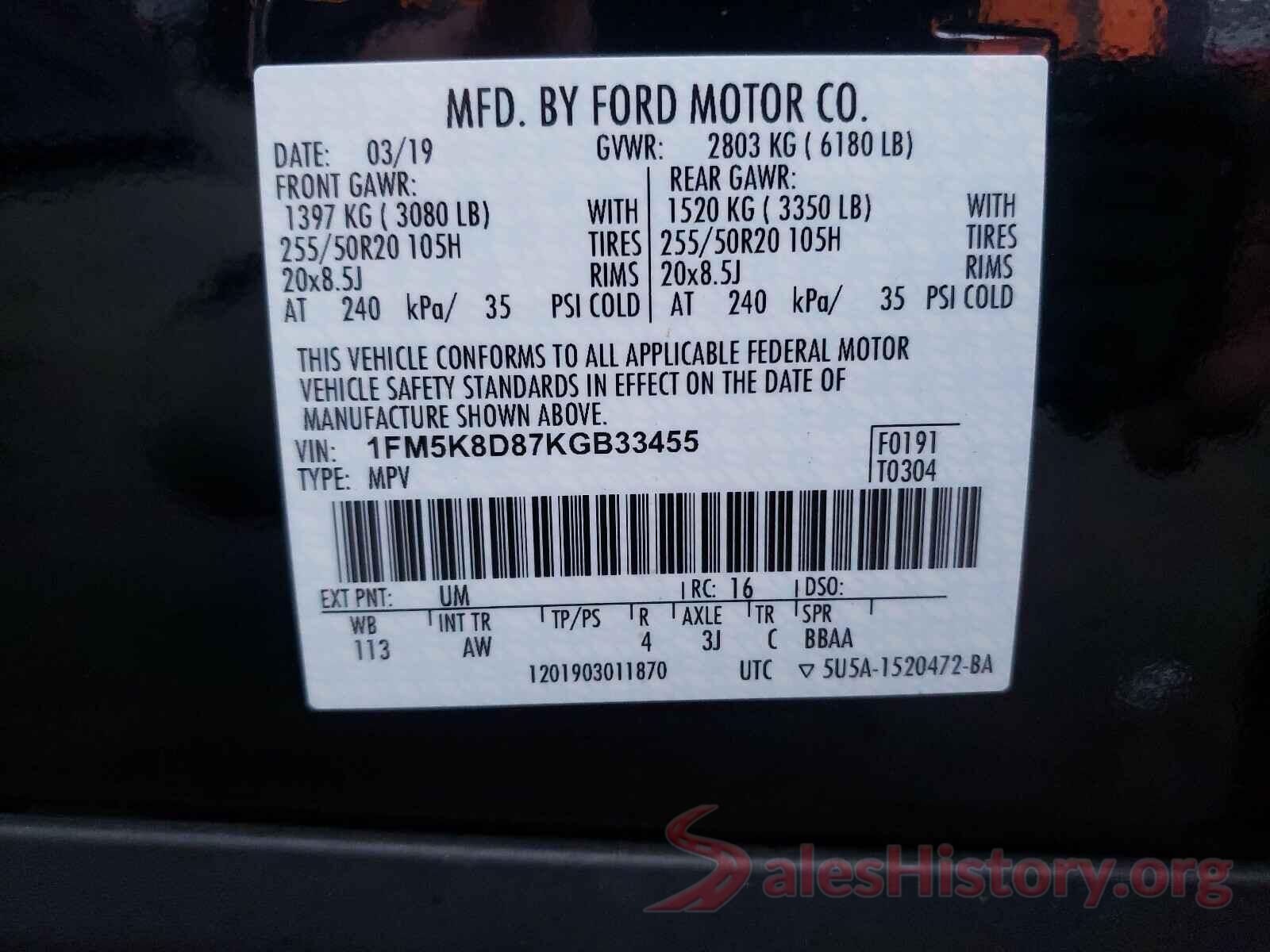 1FM5K8D87KGB33455 2019 FORD EXPLORER