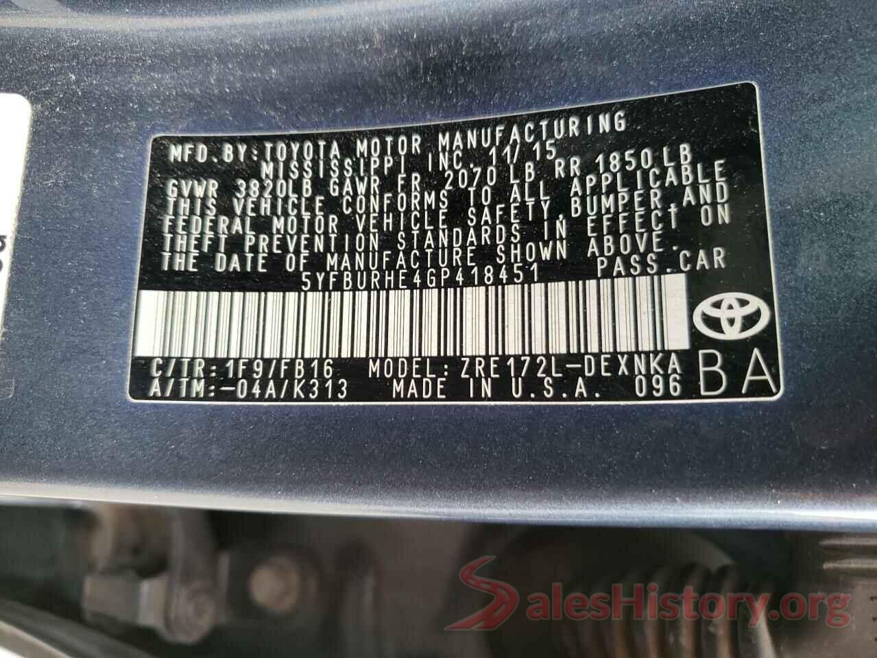 5YFBURHE4GP418451 2016 TOYOTA COROLLA