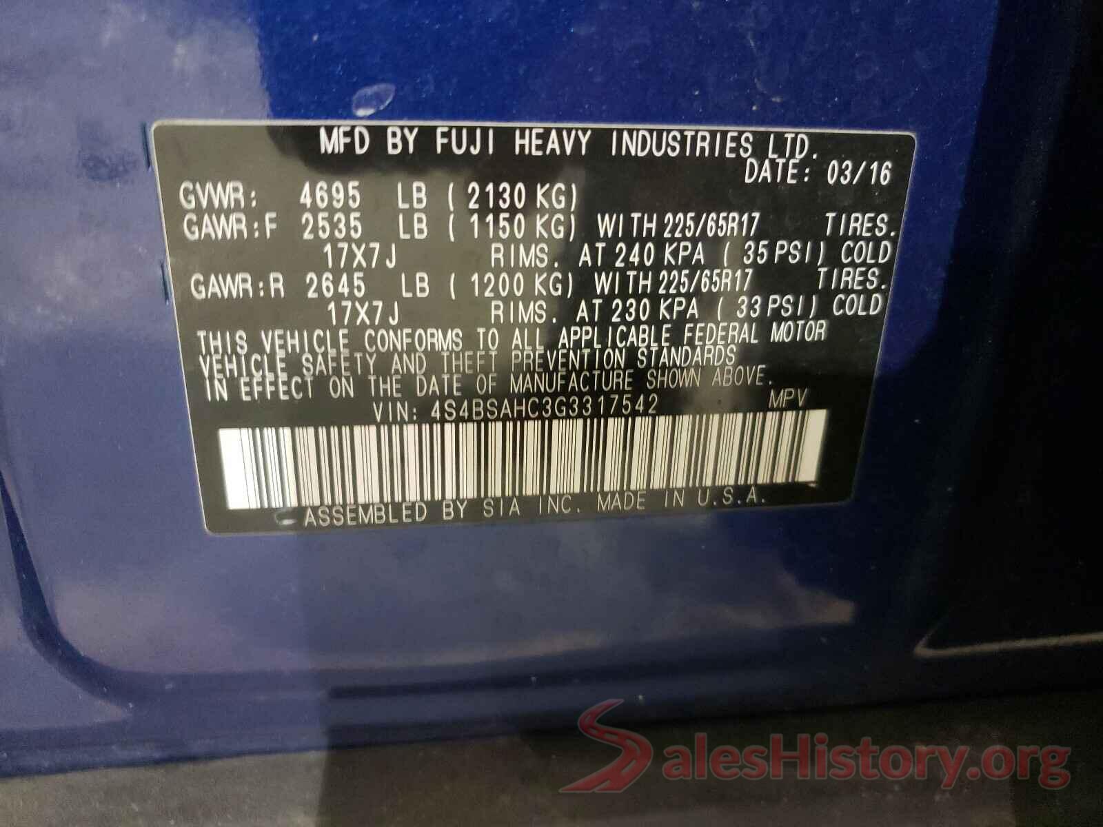 4S4BSAHC3G3317542 2016 SUBARU OUTBACK