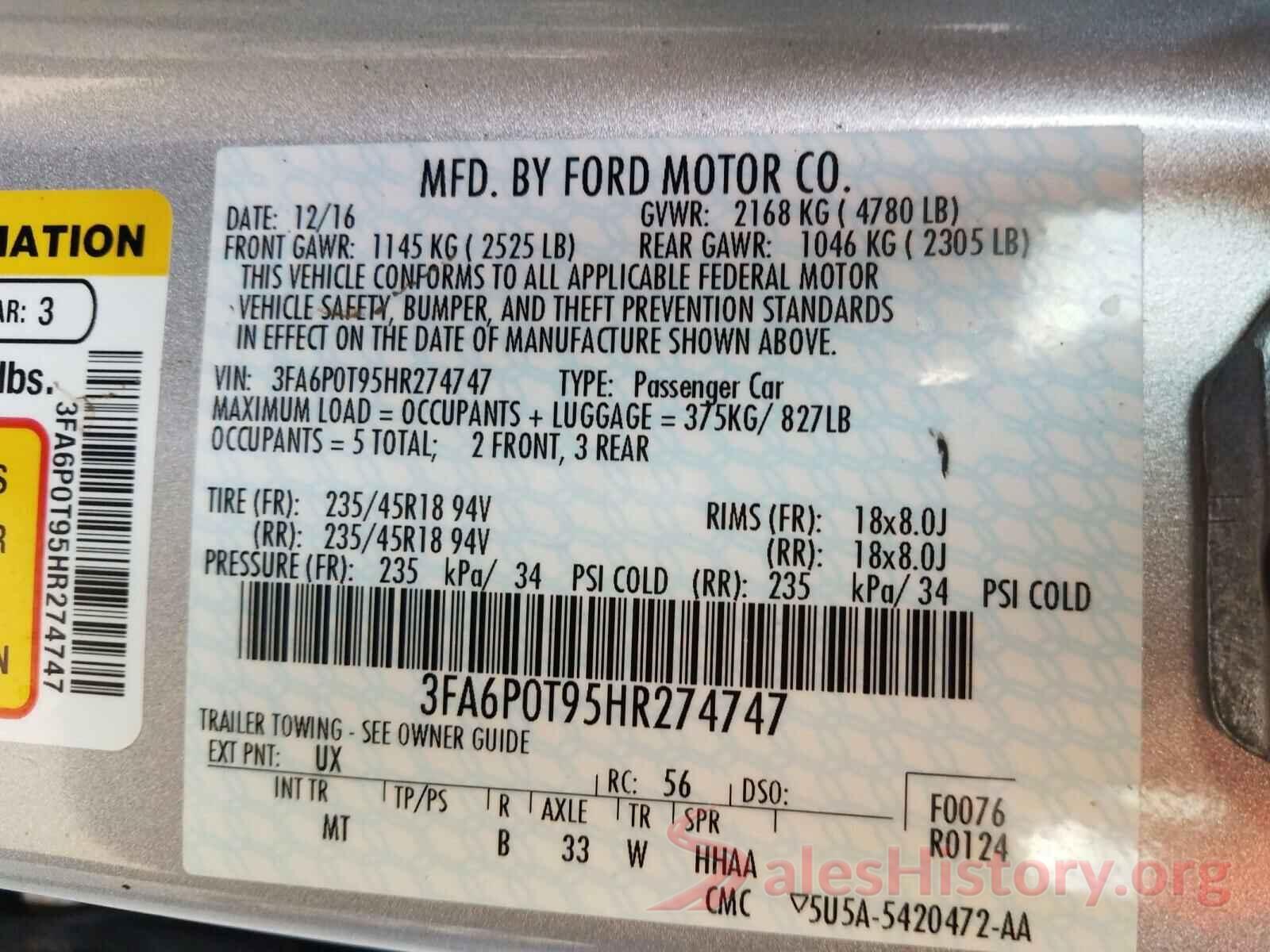 3FA6P0T95HR274747 2017 FORD FUSION