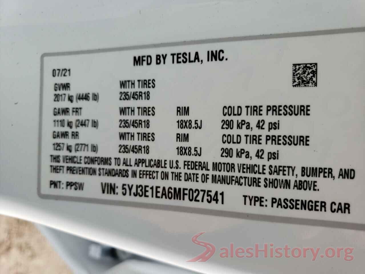 5YJ3E1EA6MF027541 2021 TESLA MODEL 3