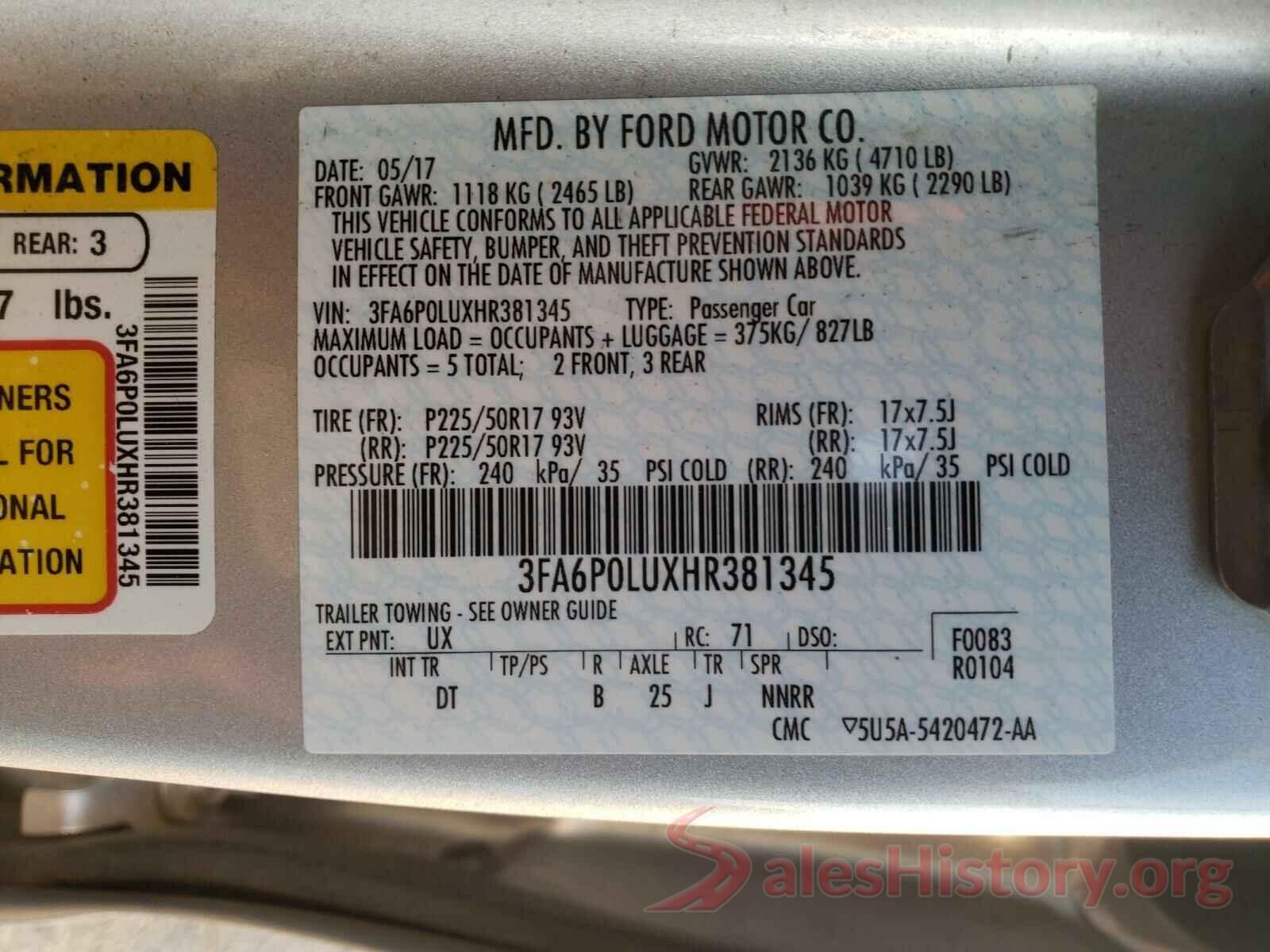 3FA6P0LUXHR381345 2017 FORD FUSION