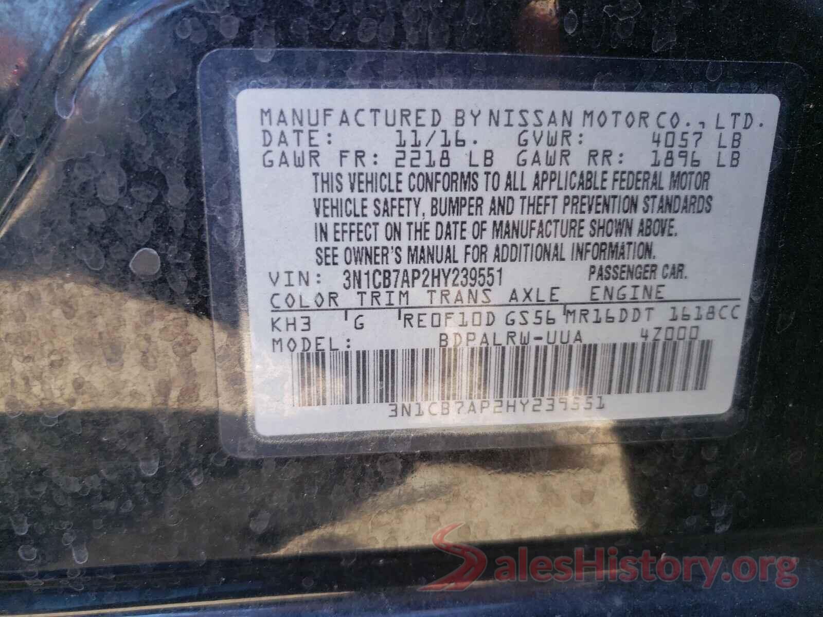 3N1CB7AP2HY239551 2017 NISSAN SENTRA