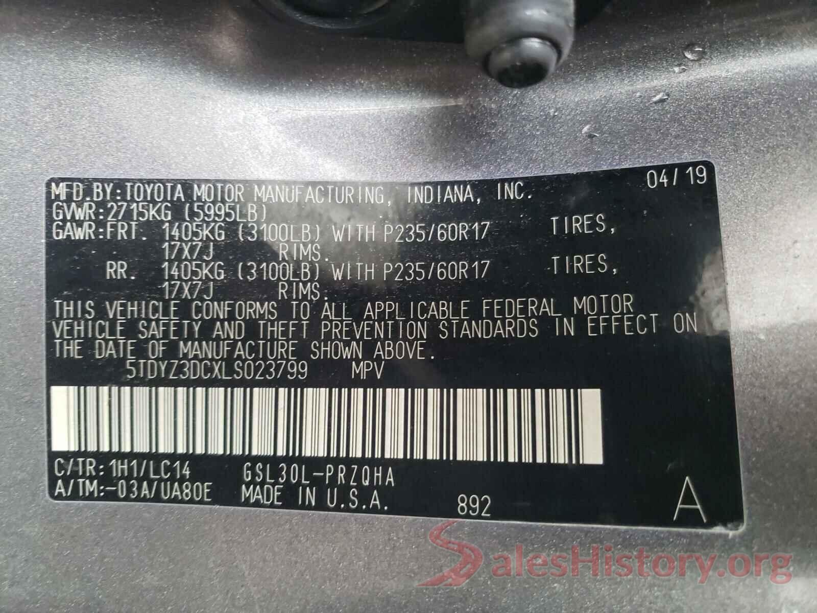 5TDYZ3DCXLS023799 2020 TOYOTA SIENNA