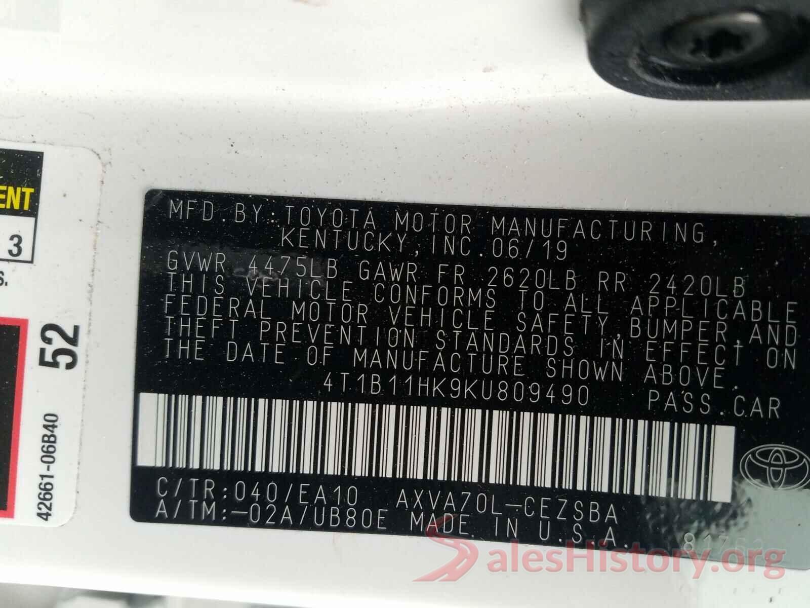 4T1B11HK9KU809490 2019 TOYOTA CAMRY