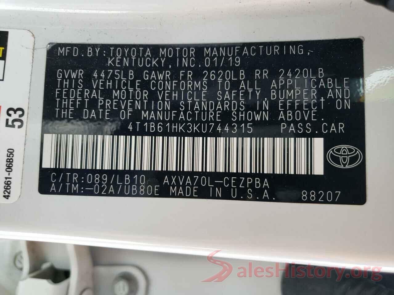 4T1B61HK3KU744315 2019 TOYOTA CAMRY