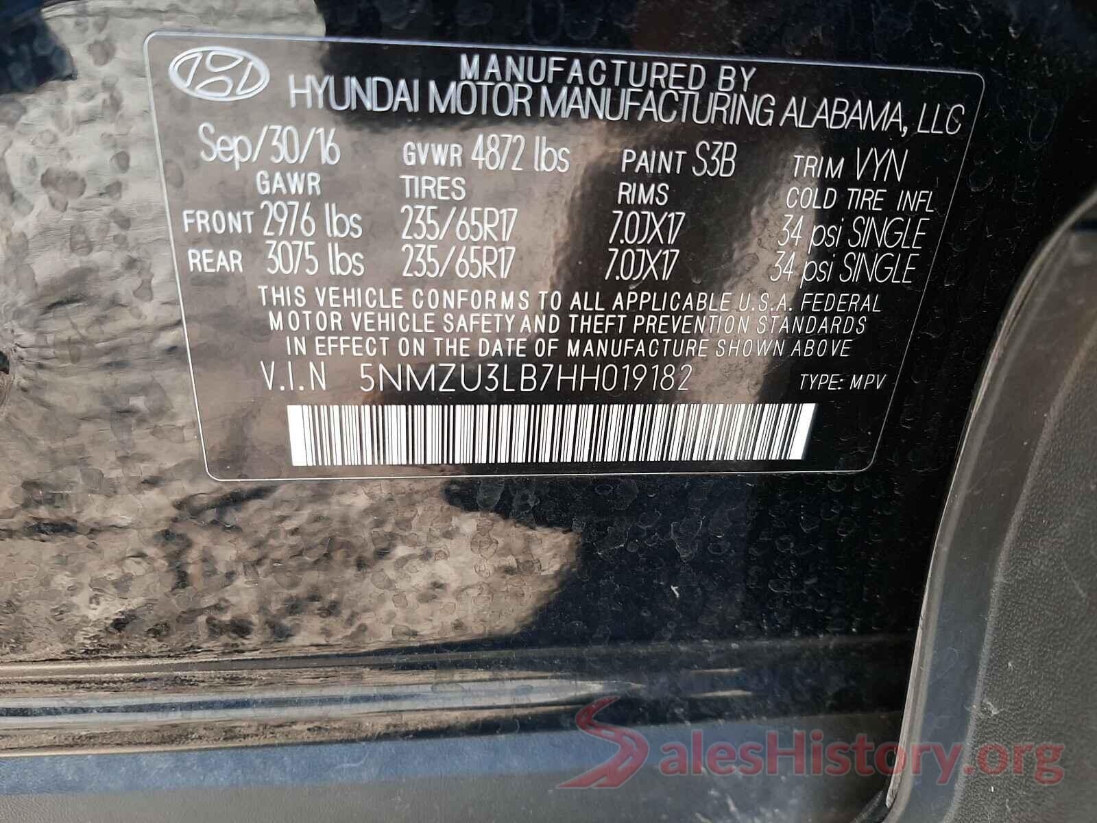 5NMZU3LB7HH019182 2017 HYUNDAI SANTA FE