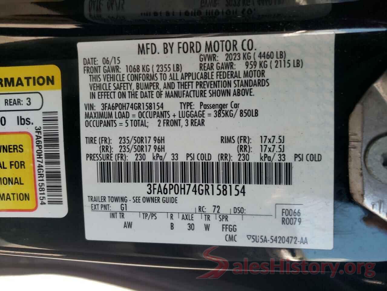 3FA6P0H74GR158154 2016 FORD FUSION