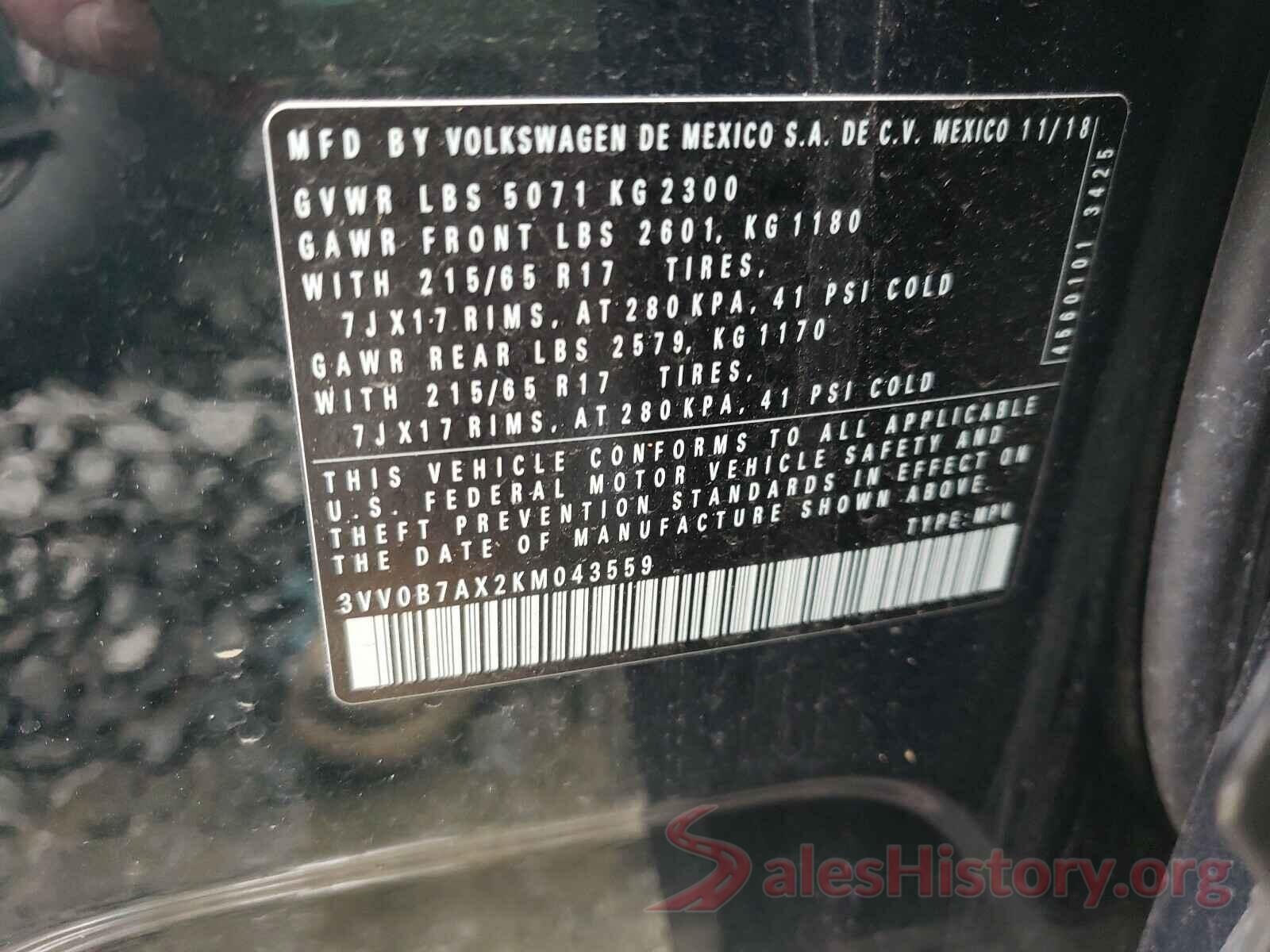 3VV0B7AX2KM043559 2019 VOLKSWAGEN TIGUAN