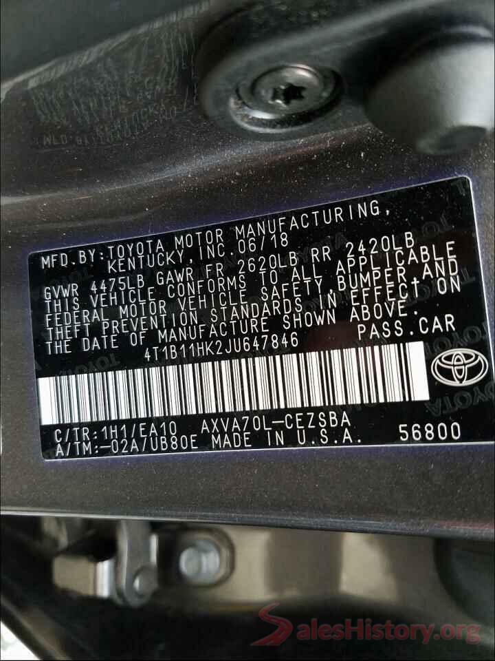 4T1B11HK2JU647846 2018 TOYOTA CAMRY