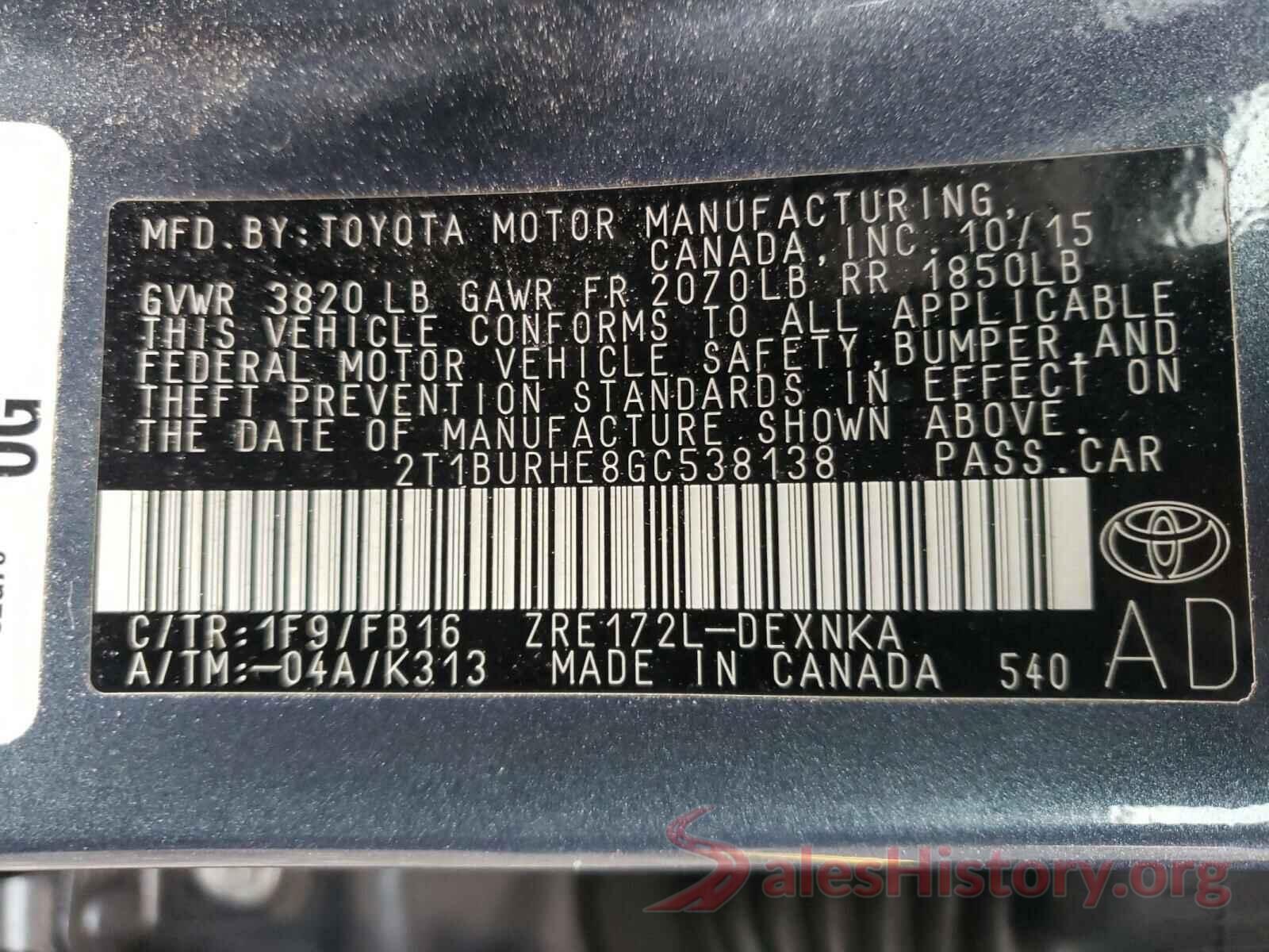 2T1BURHE8GC538138 2016 TOYOTA COROLLA