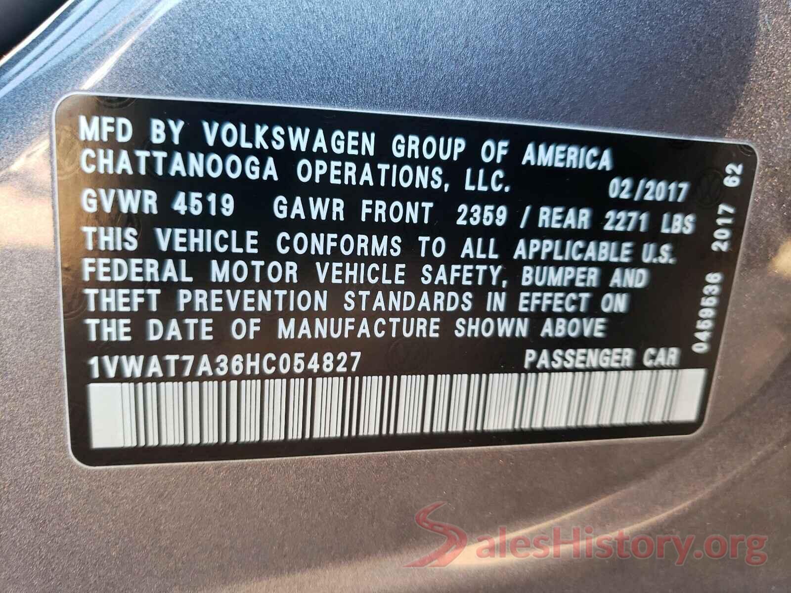 1VWAT7A36HC054827 2017 VOLKSWAGEN PASSAT