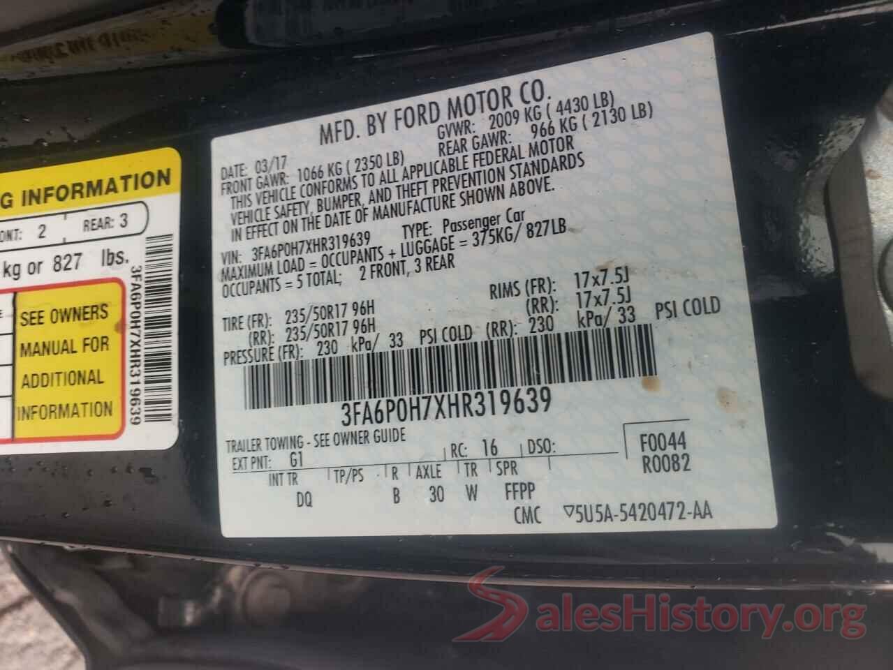 3FA6P0H7XHR319639 2017 FORD FUSION