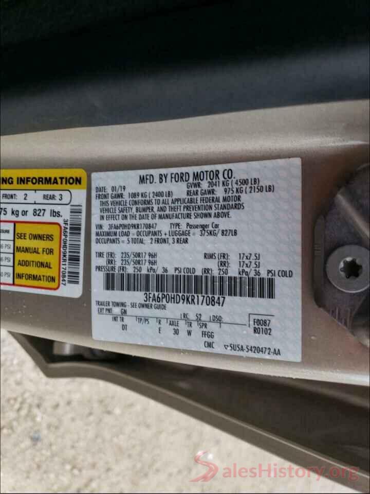 3FA6P0HD9KR170847 2019 FORD FUSION