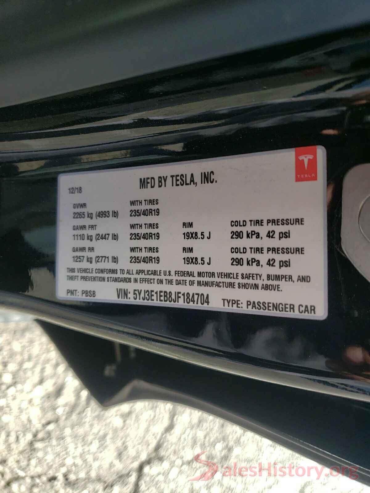 5YJ3E1EB8JF184704 2018 TESLA MODEL 3