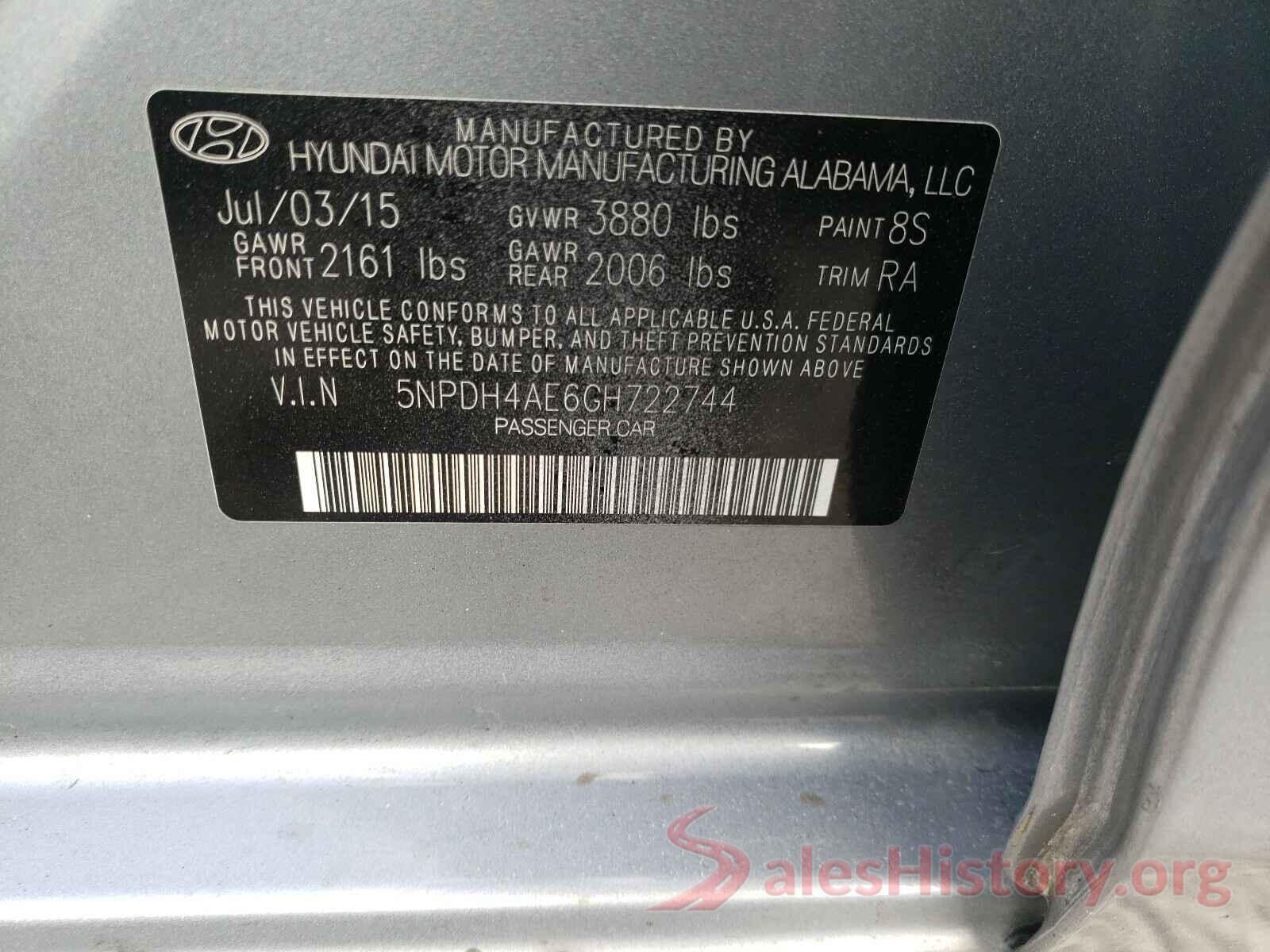 5NPDH4AE6GH722744 2016 HYUNDAI ELANTRA