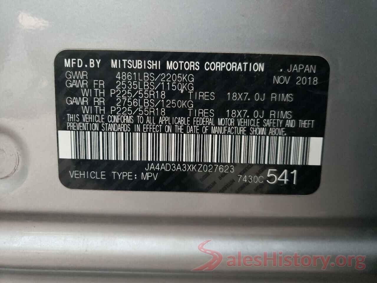 JA4AD3A3XKZ027623 2019 MITSUBISHI OUTLANDER