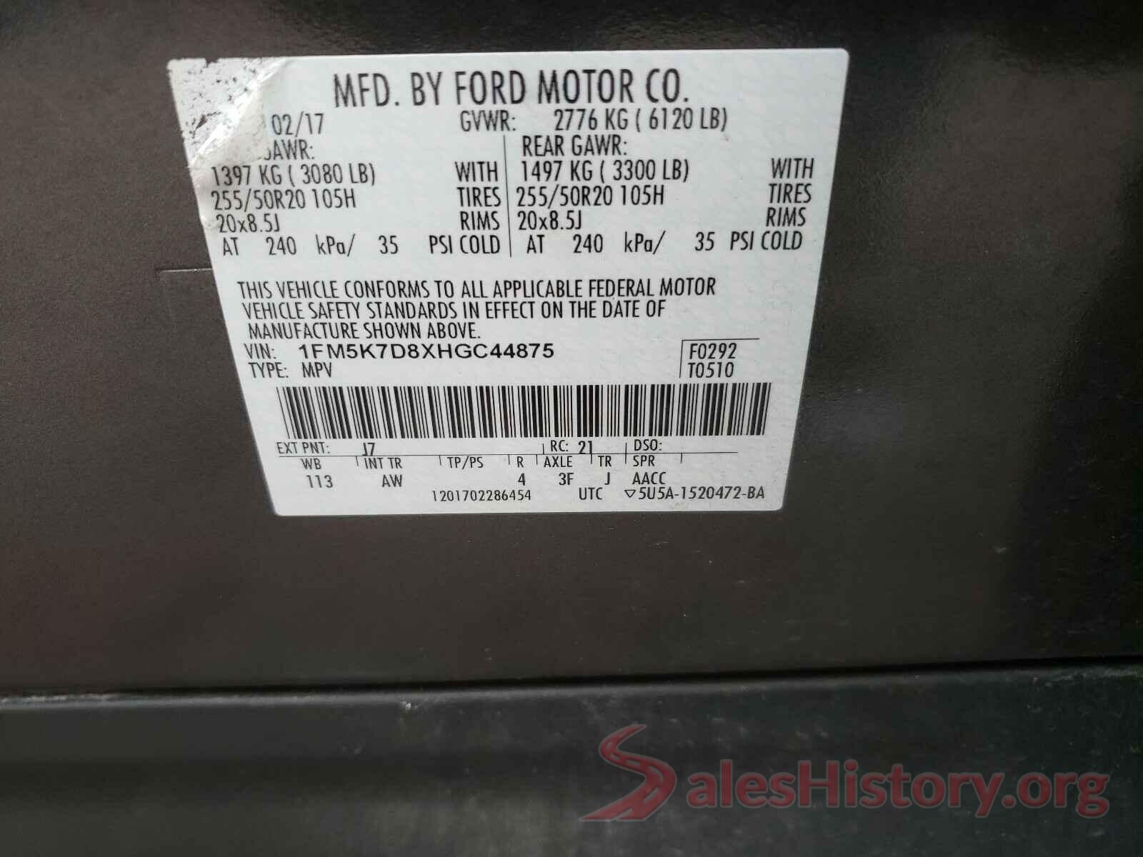 1FM5K7D8XHGC44875 2017 FORD EXPLORER