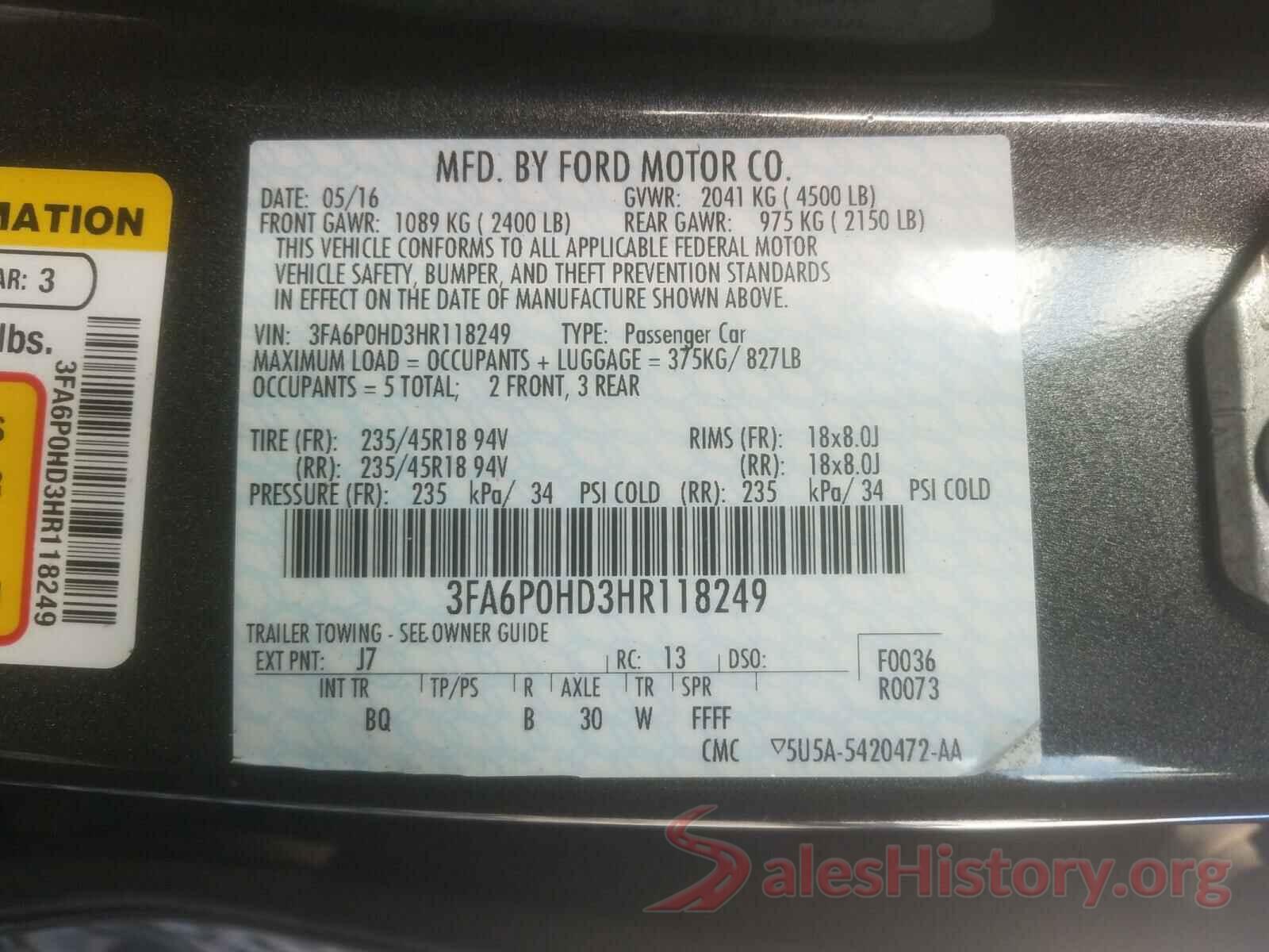 3FA6P0HD3HR118249 2017 FORD FUSION