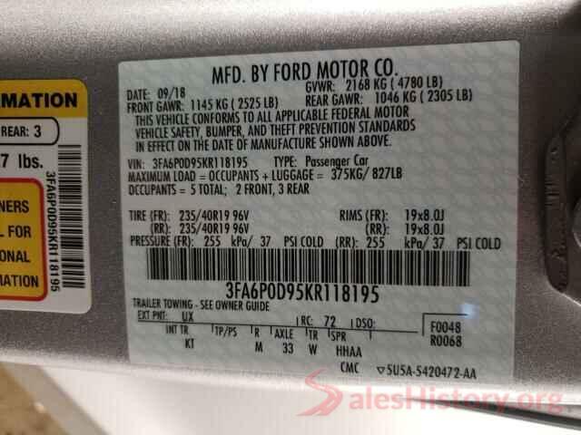 3FA6P0D95KR118195 2019 FORD FUSION