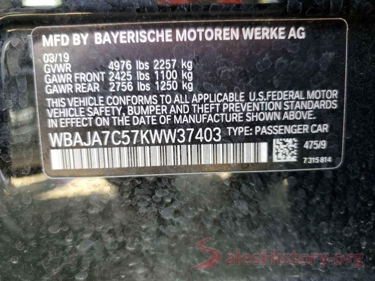 WBAJA7C57KWW37403 2019 BMW 5 SERIES