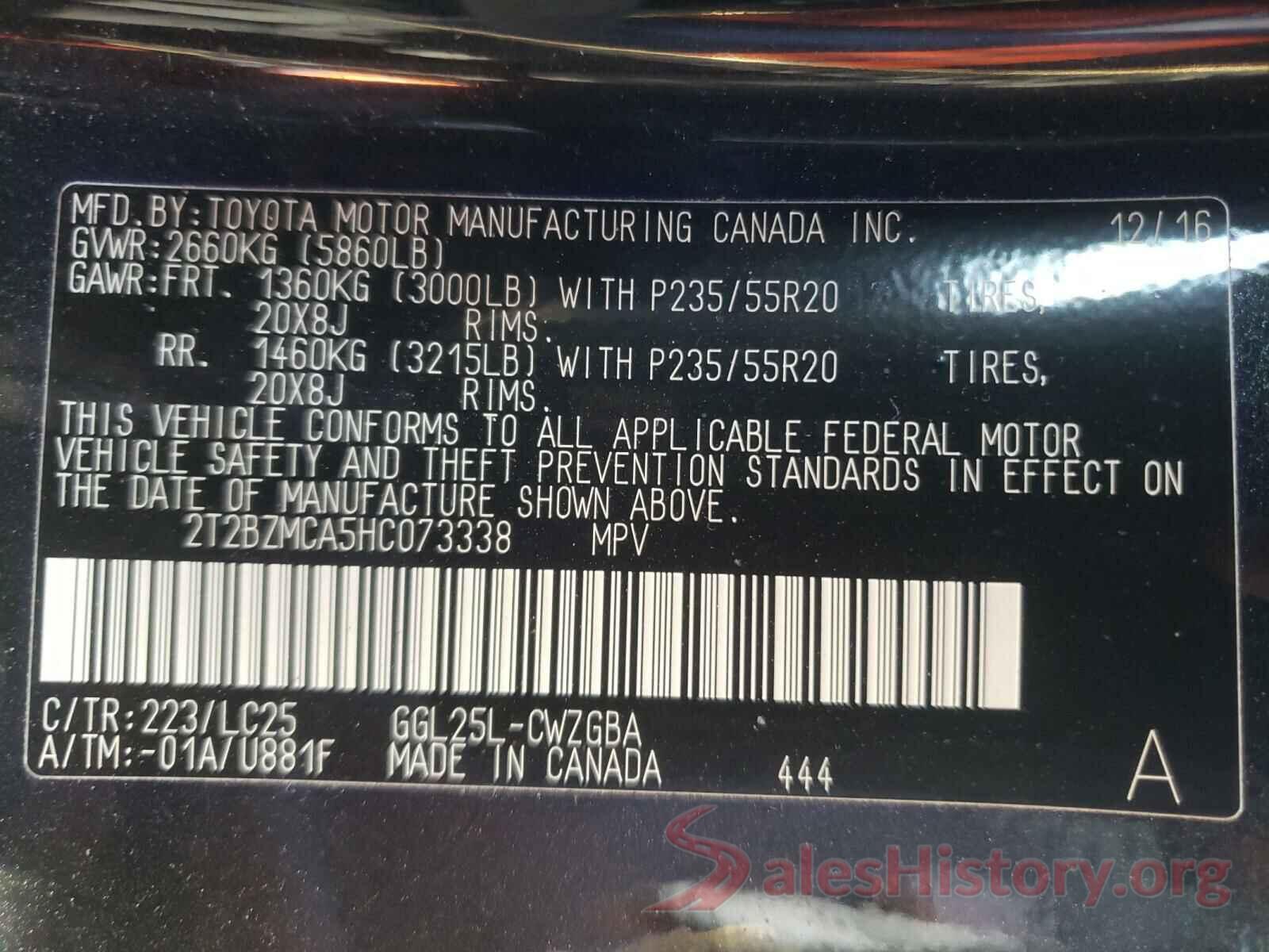 2T2BZMCA5HC073338 2017 LEXUS RX350