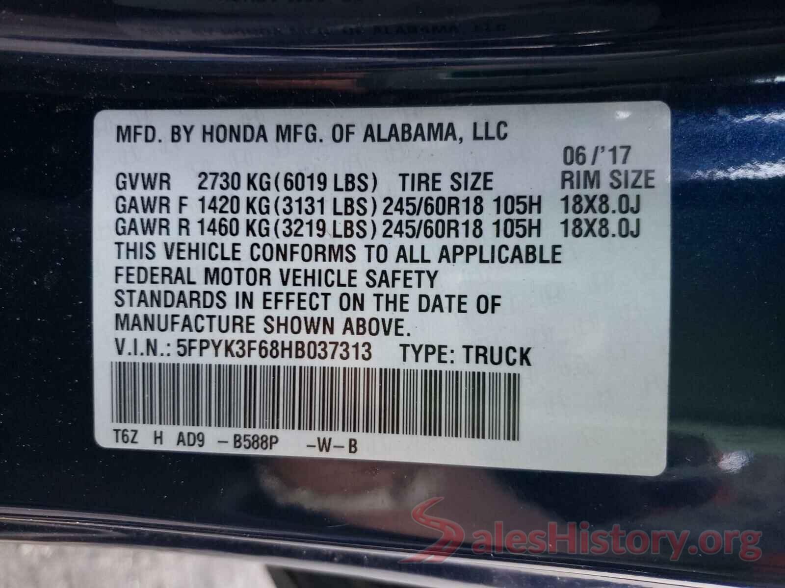 5FPYK3F68HB037313 2017 HONDA RIDGELINE