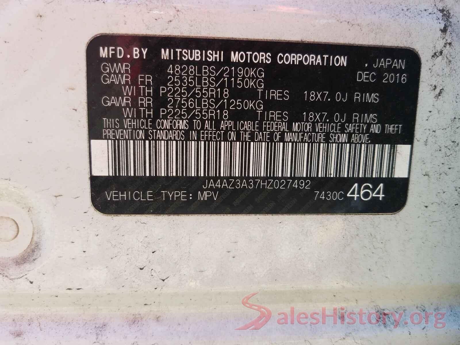 JA4AZ3A37HZ027492 2017 MITSUBISHI OUTLANDER