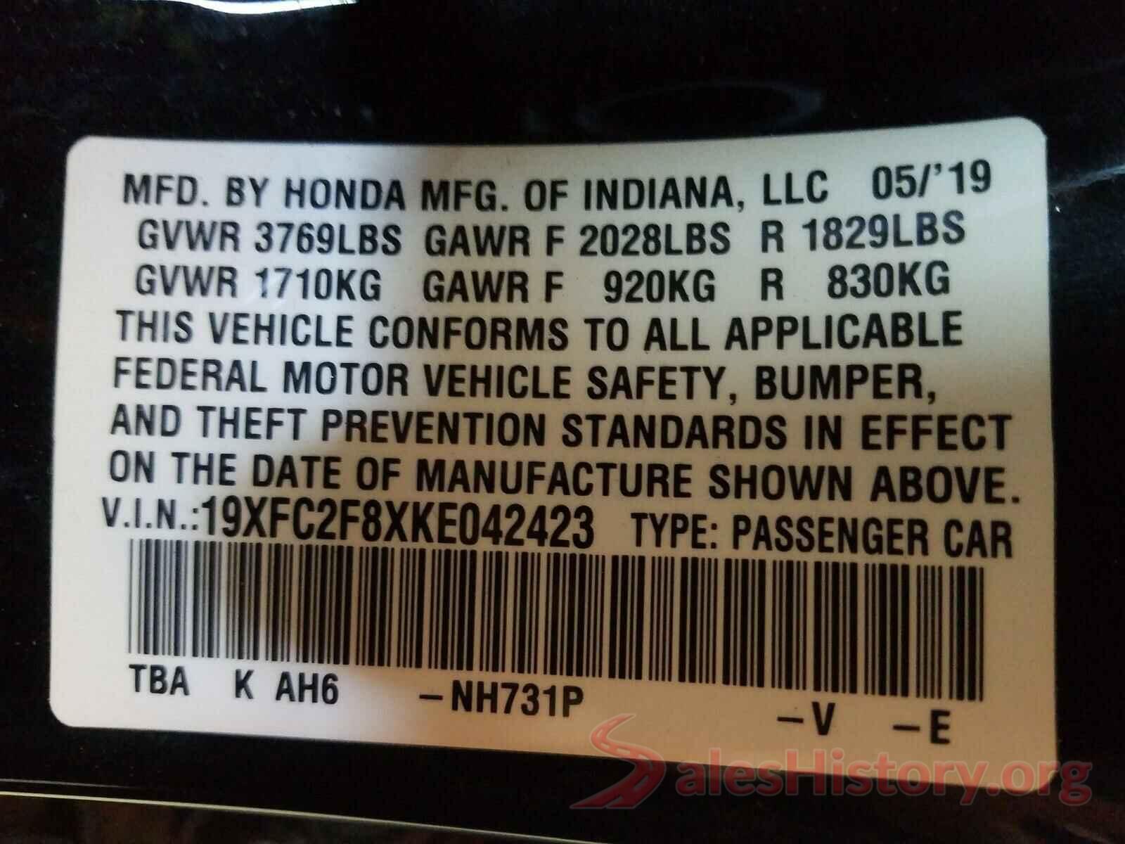 19XFC2F8XKE042423 2019 HONDA CIVIC