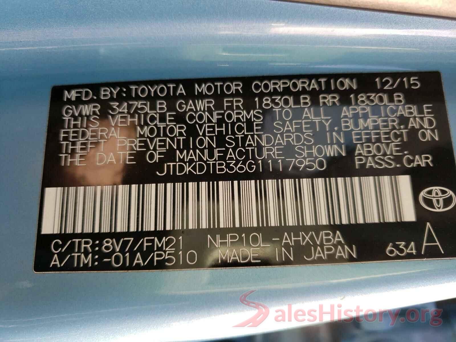 JTDKDTB36G1117950 2016 TOYOTA PRIUS