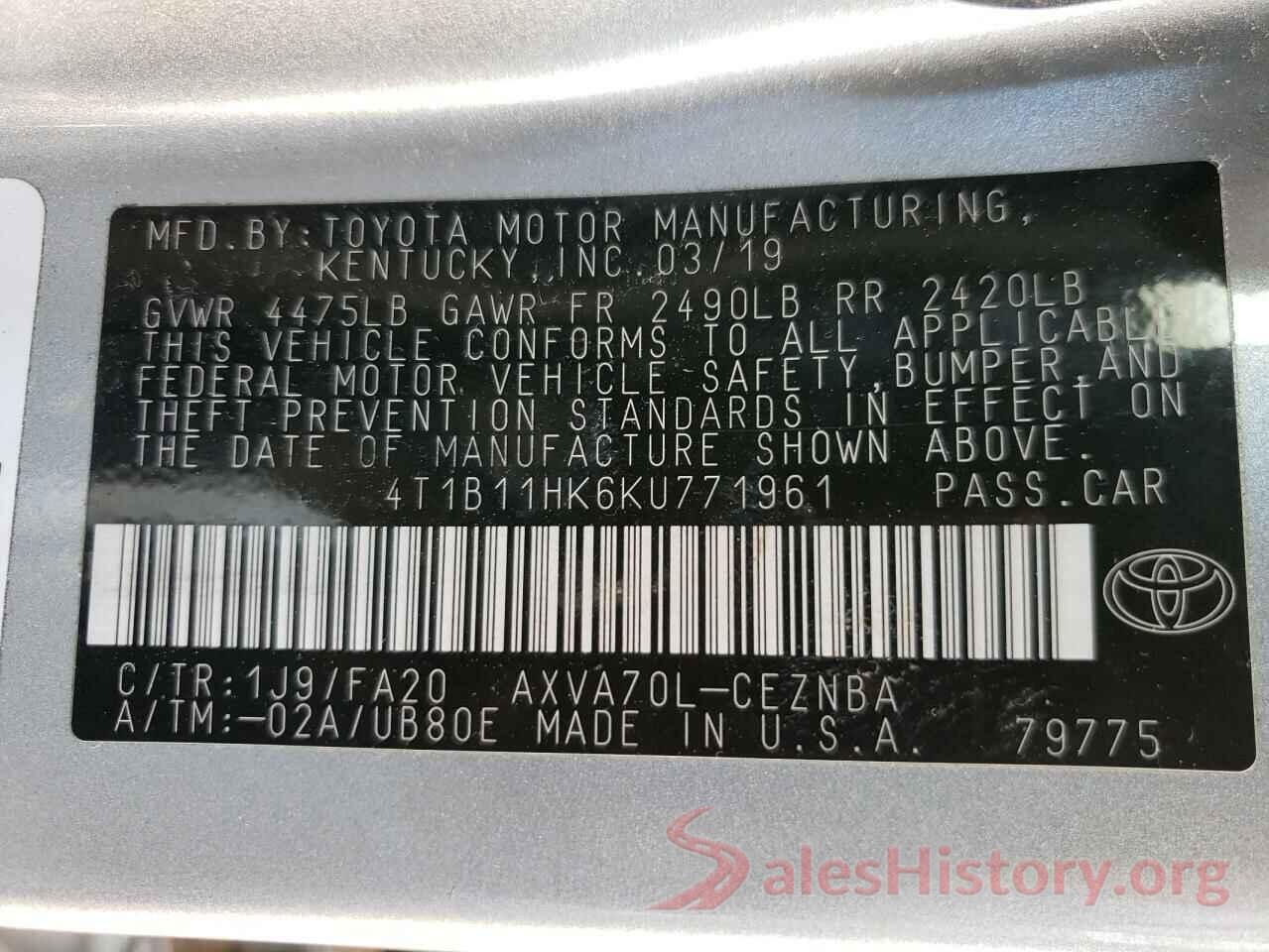 4T1B11HK6KU771961 2019 TOYOTA CAMRY