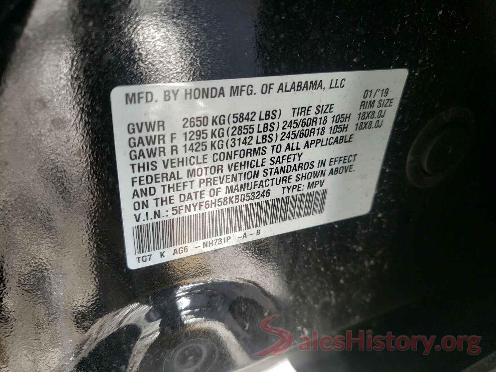 5FNYF6H58KB053246 2019 HONDA PILOT