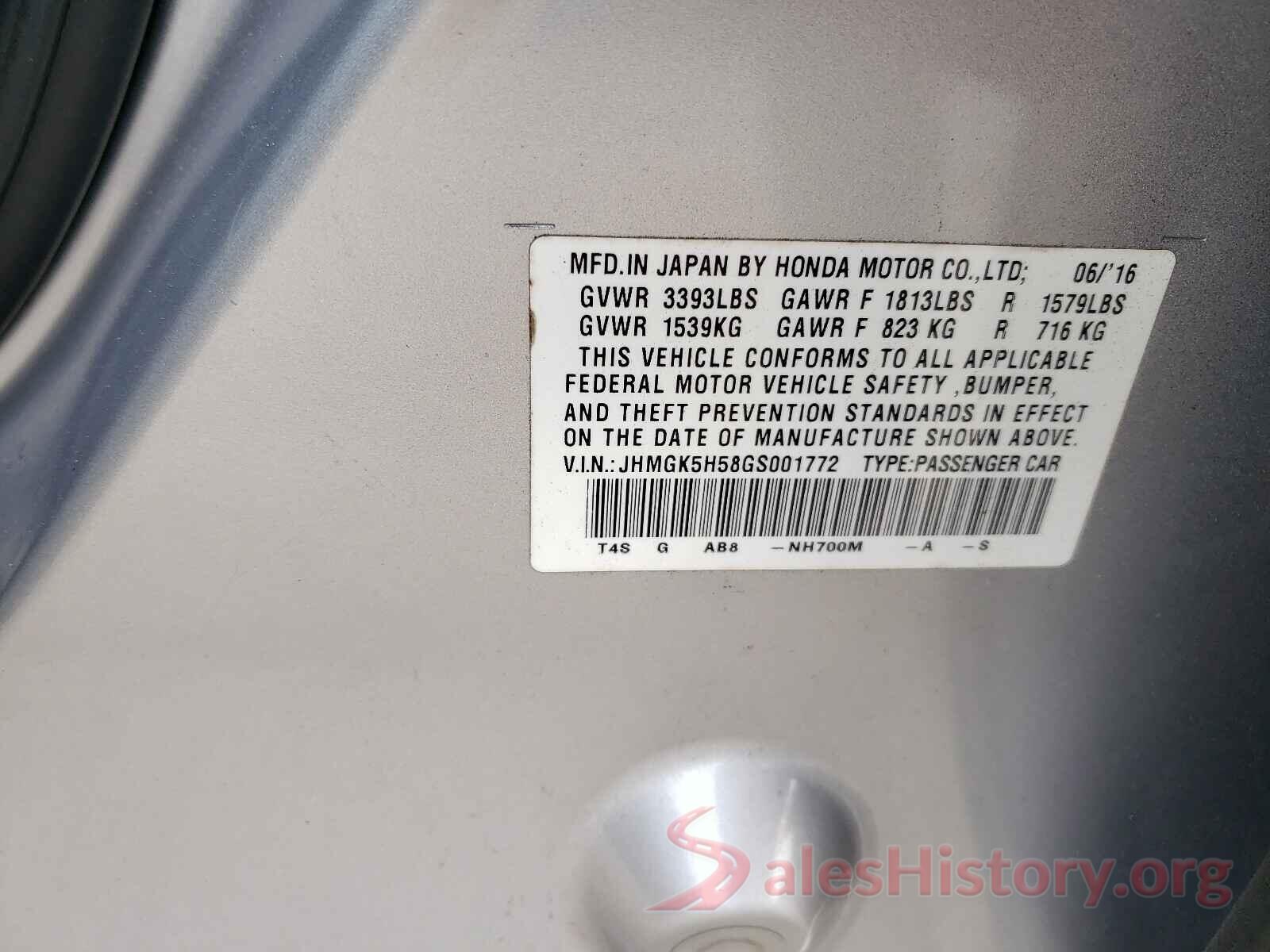 JHMGK5H58GS001772 2016 HONDA FIT