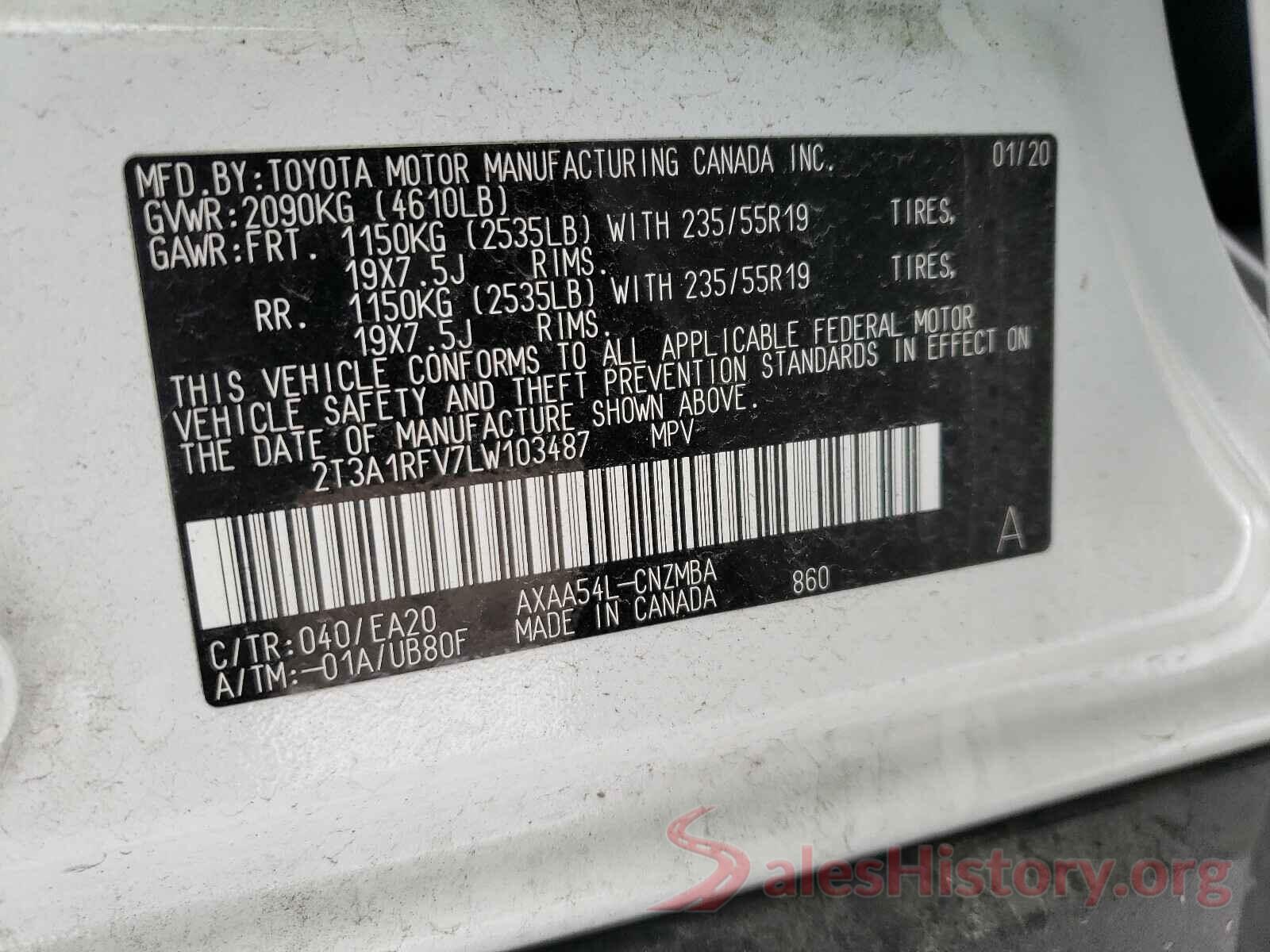 2T3A1RFV7LW103487 2020 TOYOTA RAV4