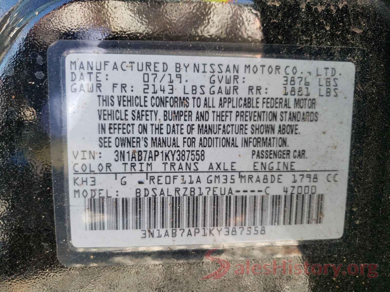 3N1AB7AP1KY387558 2019 NISSAN SENTRA