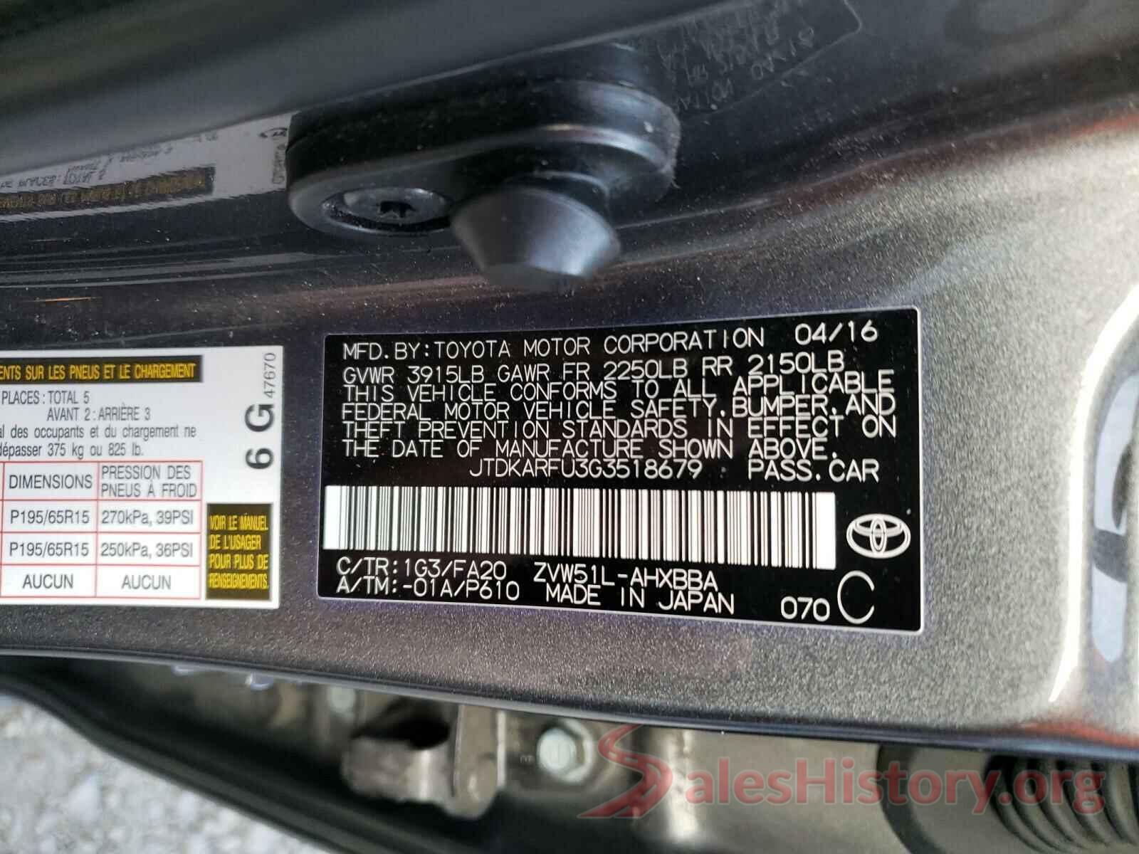 JTDKARFU3G3518679 2016 TOYOTA PRIUS