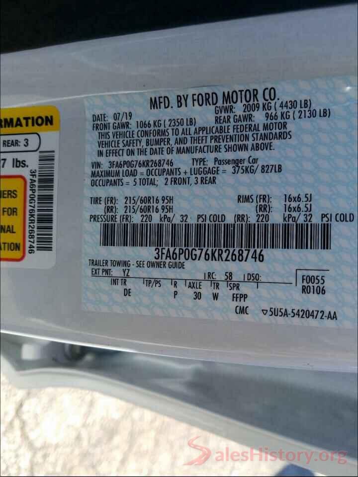 3FA6P0G76KR268746 2019 FORD FUSION