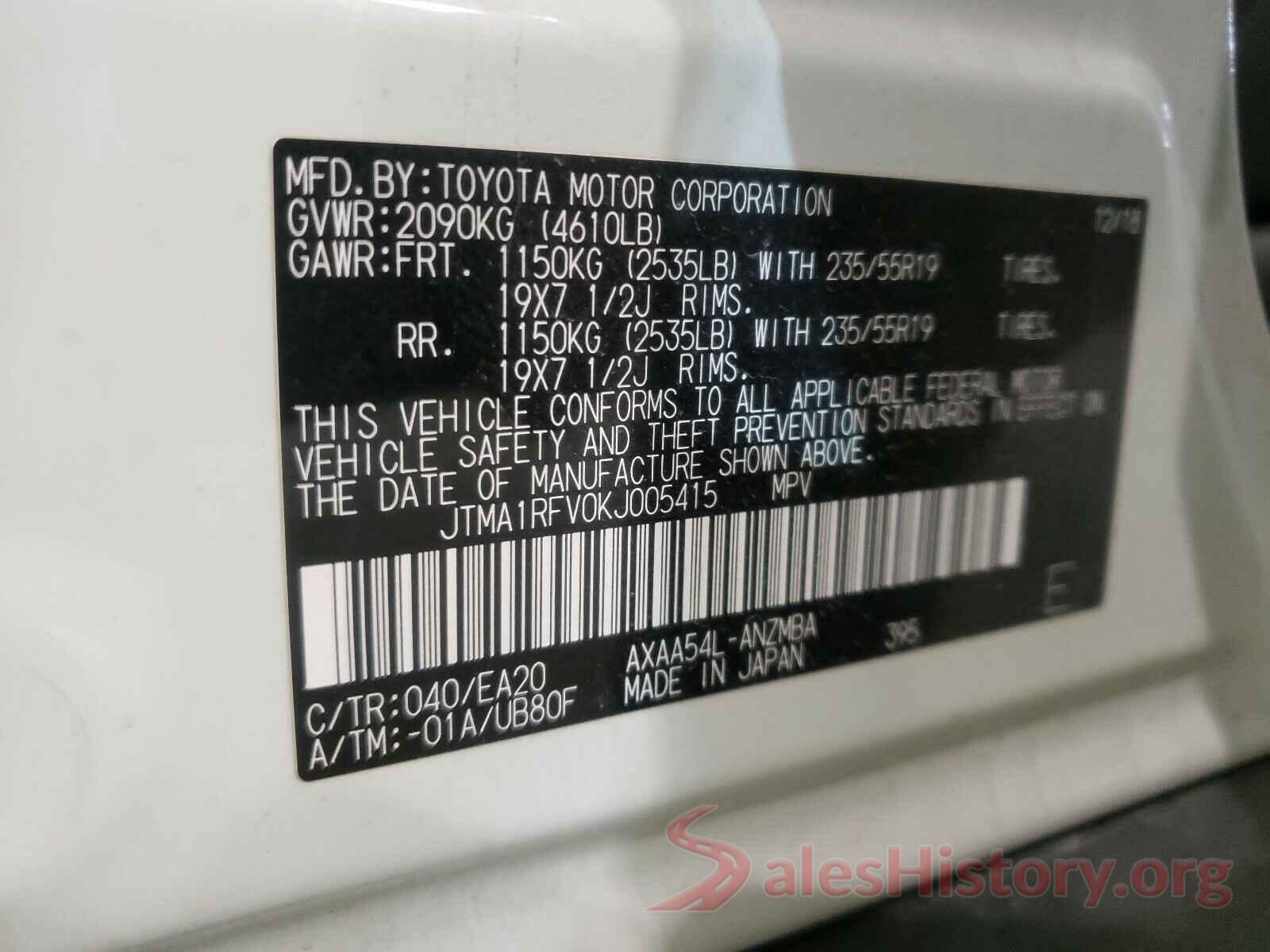 JTMA1RFV0KJ005415 2019 TOYOTA RAV4