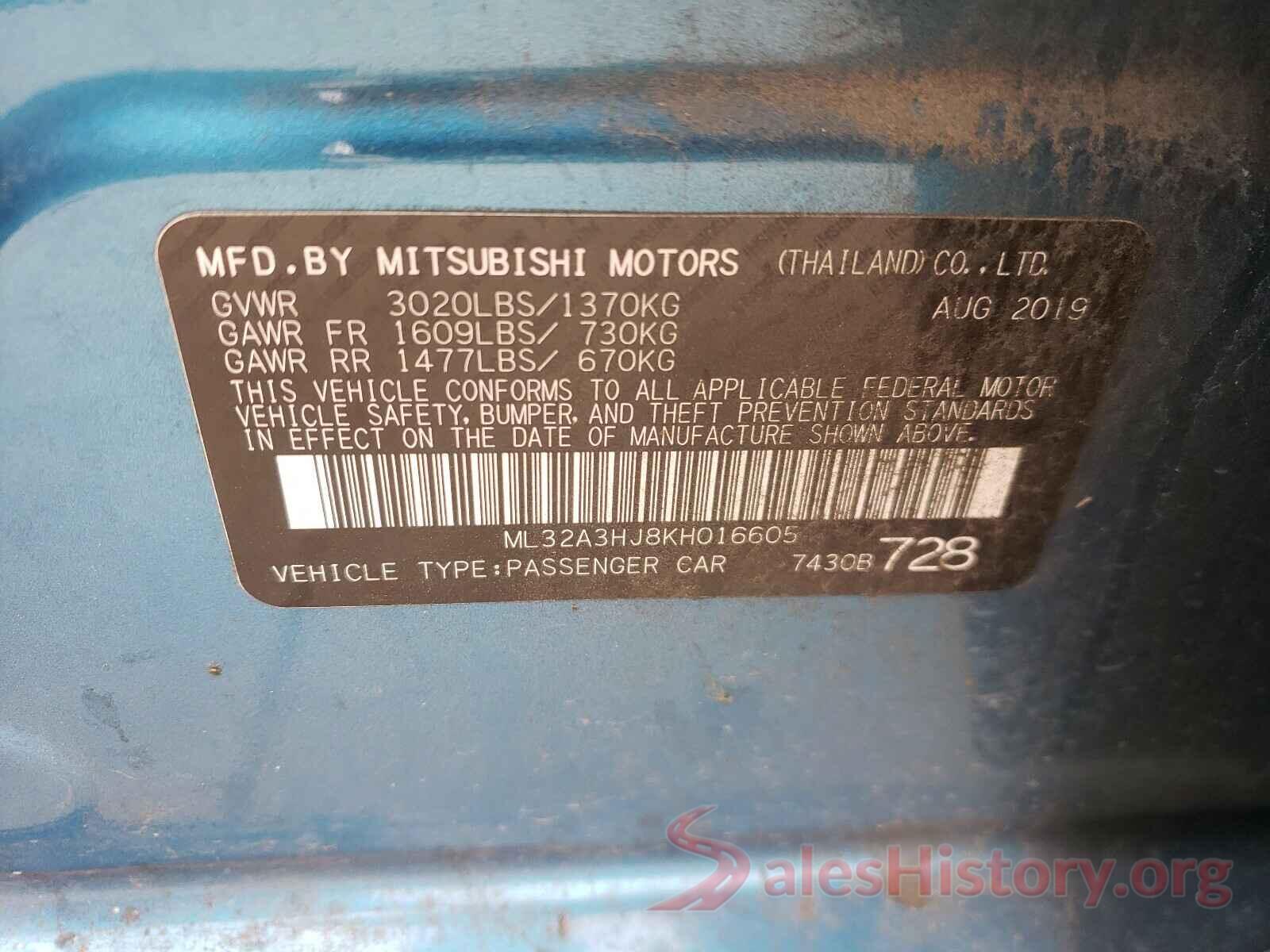 ML32A3HJ8KH016605 2019 MITSUBISHI MIRAGE