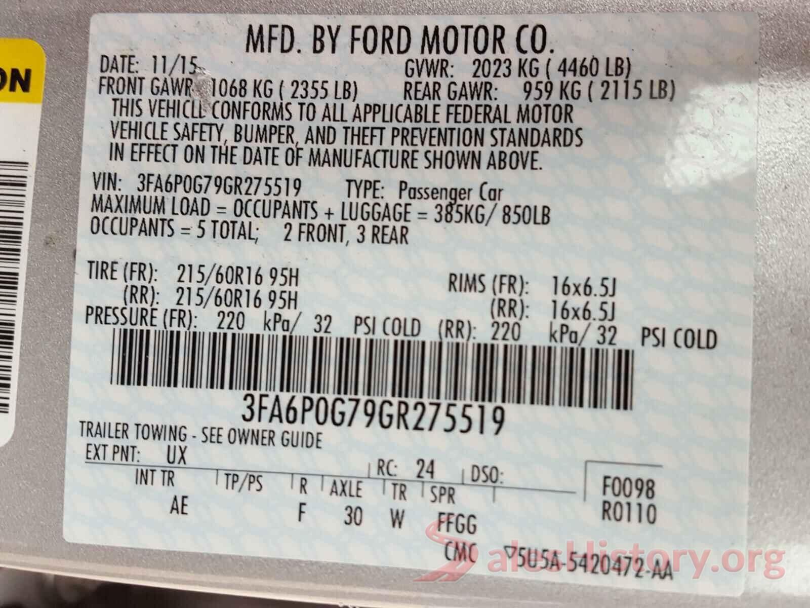 3FA6P0G79GR275519 2016 FORD FUSION