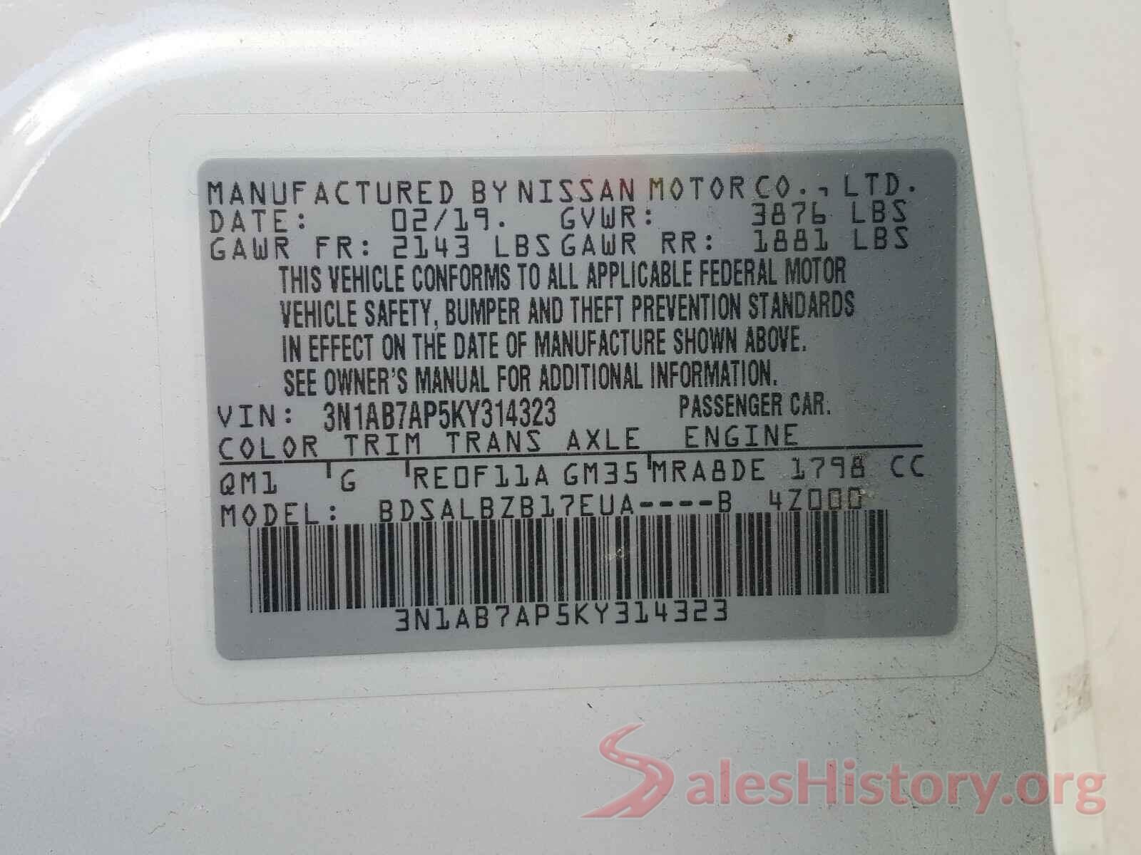 3N1AB7AP5KY314323 2019 NISSAN SENTRA