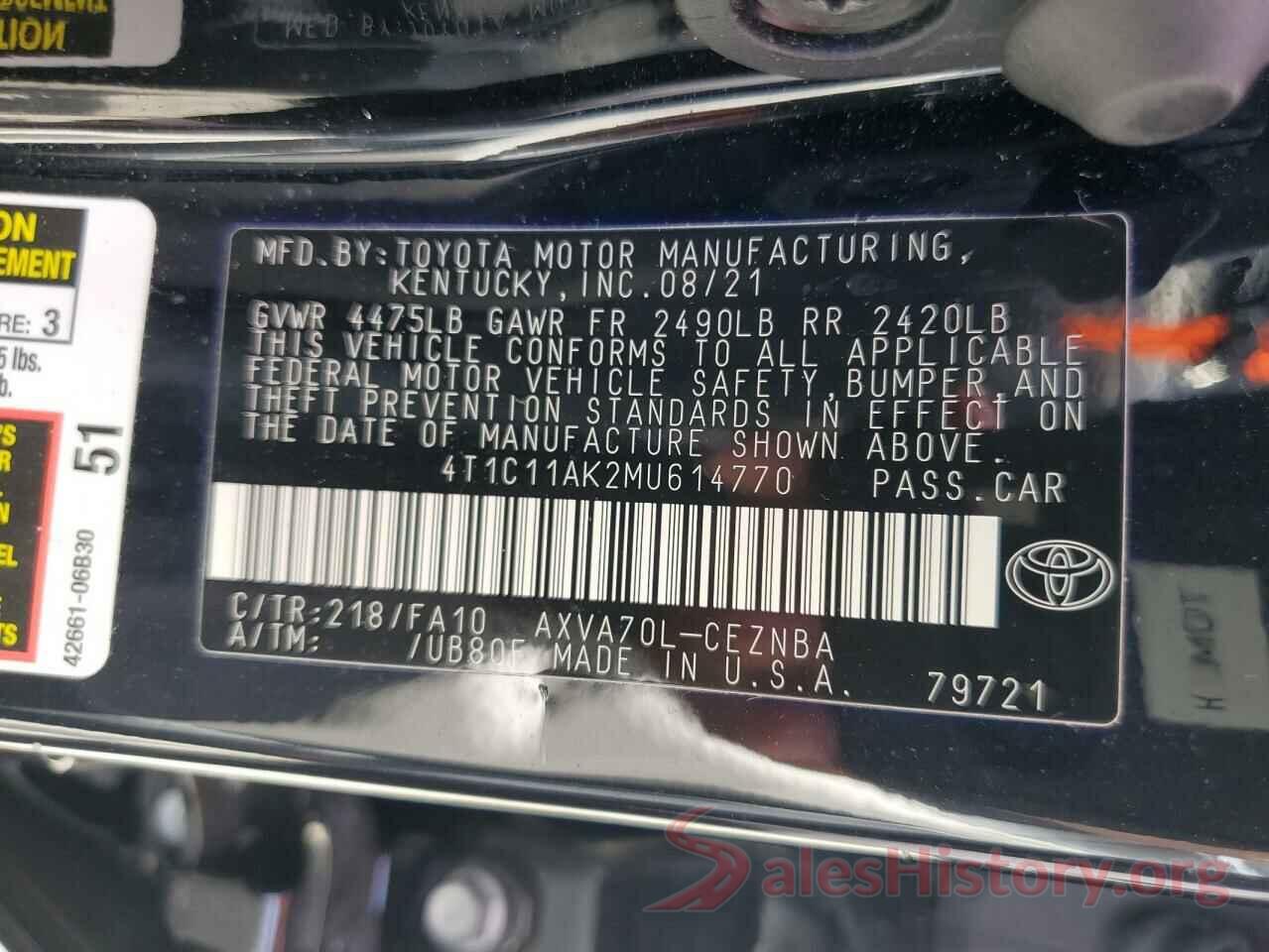 4T1C11AK2MU614770 2021 TOYOTA CAMRY