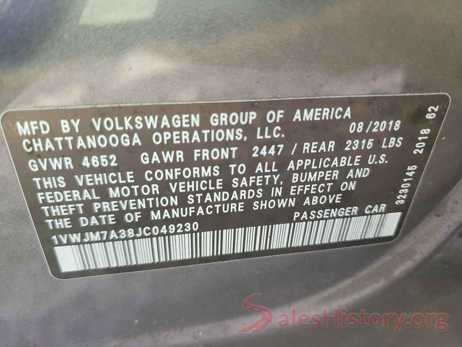 1VWJM7A38JC049230 2018 VOLKSWAGEN PASSAT