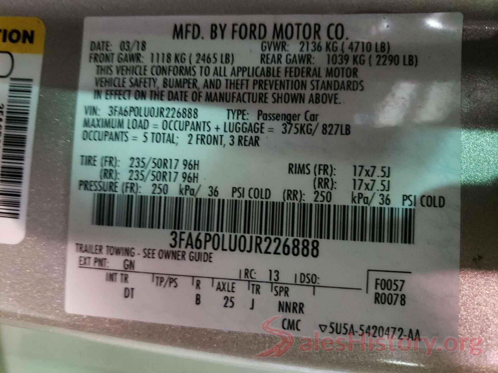 3FA6P0LU0JR226888 2018 FORD FUSION