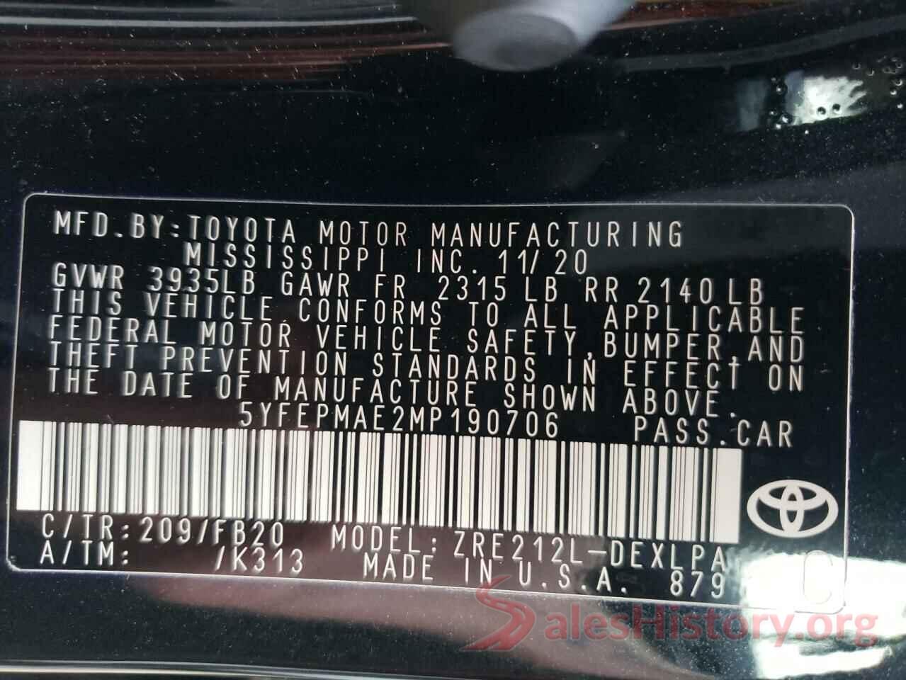 5YFEPMAE2MP190706 2021 TOYOTA COROLLA