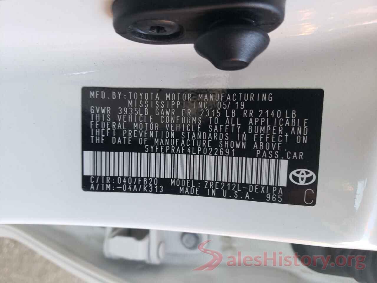 5YFEPRAE4LP022691 2020 TOYOTA COROLLA