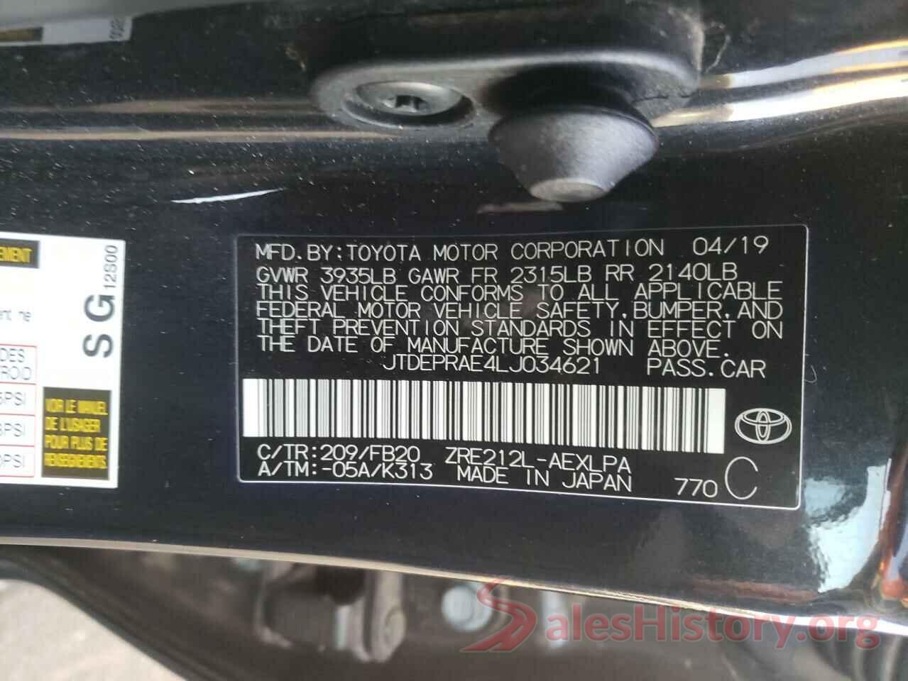 JTDEPRAE4LJ034621 2020 TOYOTA COROLLA